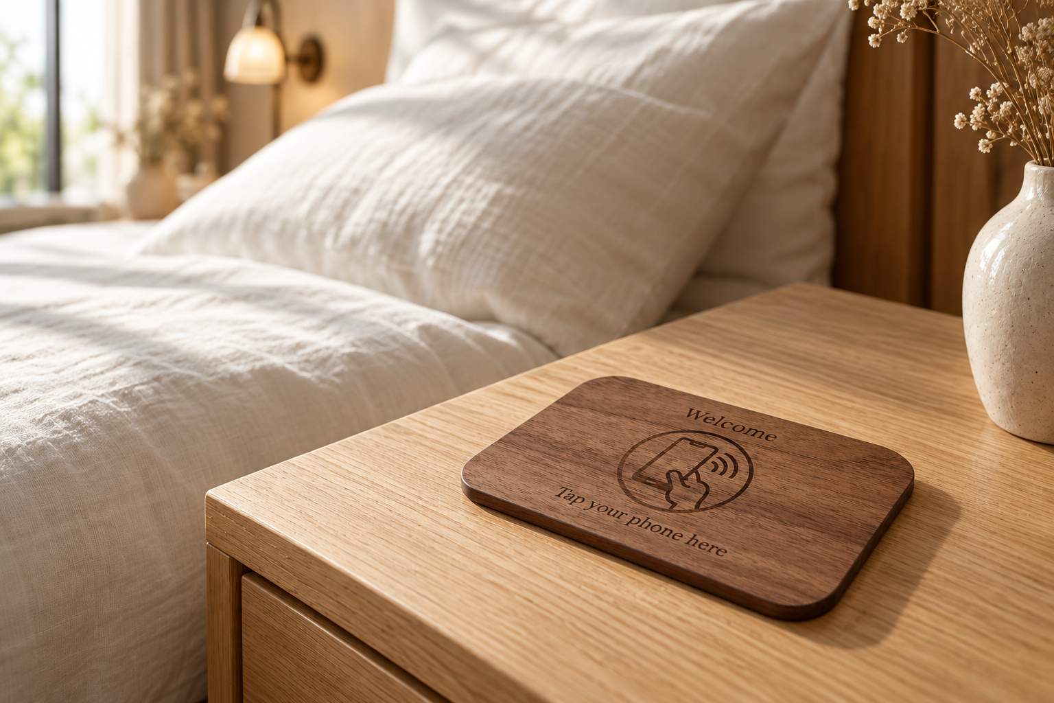 Wavemond NFC-plade i valnød på et natbord i eg på hotelværelset